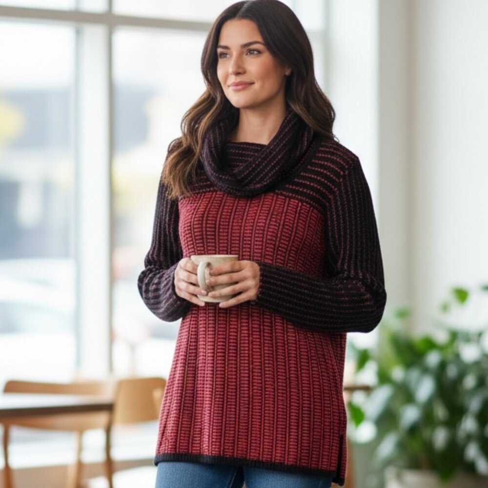 Calvin Klein Womens Cotton Cowl Neck Sweater Sz L Red & Black #215H
